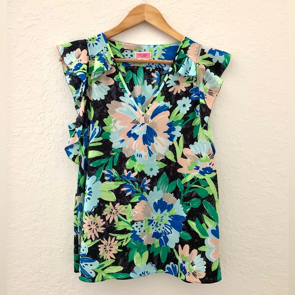 Kate Spade Floral Green Full Bloom Ruffle Sleeve Top - Picture 3 of 7